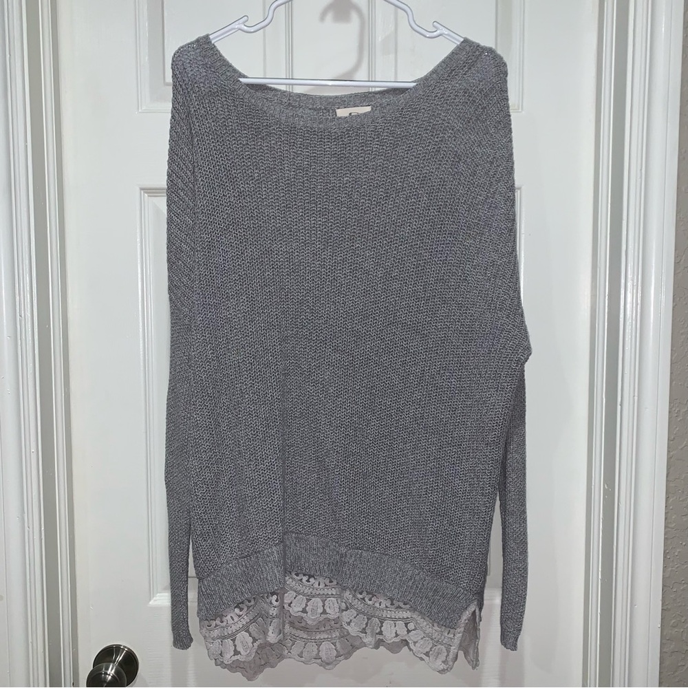 Urban Outfitters Gray Crew Neck Sweater with Lace Trim